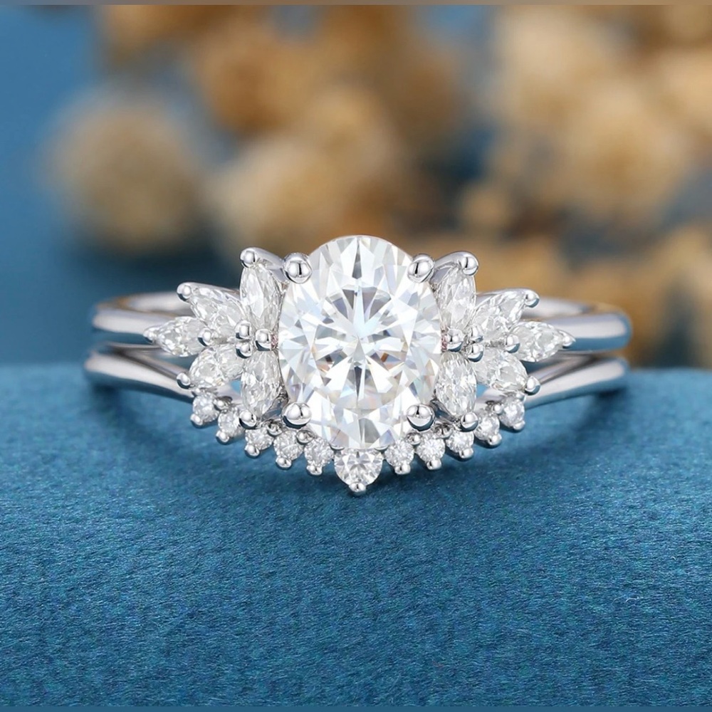 GOLD PLATED 1.5 CT tw Oval Moissanite Cluster Engagement Ring Set